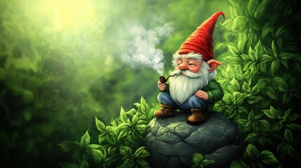 Cute little gnome spirit in Spring garden with flowers