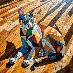 playful cubist depiction of a feline enjoying a sun-drenched moment on rustic floorboards