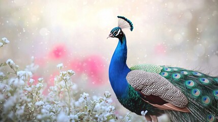 Fototapeta premium A vibrant blue and green peacock amidst a sea of white blossoms, set against a hazy backdrop of pink and white flora