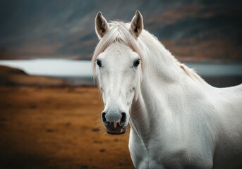 Obraz premium A serene white horse stands gracefully in a tranquil field, surrounded by rolling hills and soft natural light.