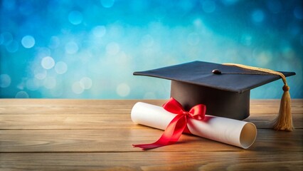 Graduation Cap and Diploma on Wooden Table with Blue Bokeh Background, graduation, cap, diploma, ceremony