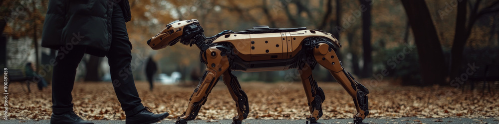 Poster a robotic dog walks alongside a person in a park with autumn leaves. concept of advanced technology 