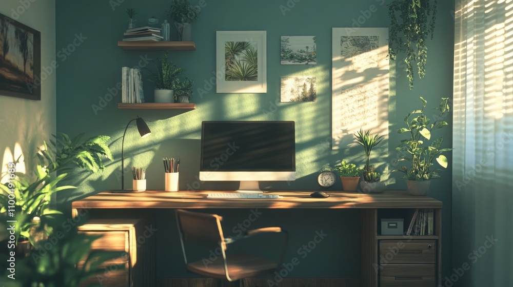 Poster A well-organized home office features a wooden desk with a computer, surrounded by greenery and artwork. Sunlight filters through curtains, enhancing the warm atmosphere of the room.