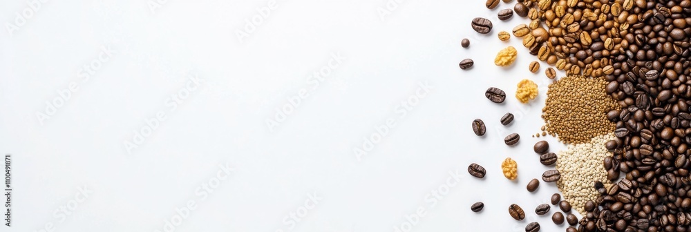 Poster various types of coffee beans are arranged on a white surface, creating a textured display with ampl