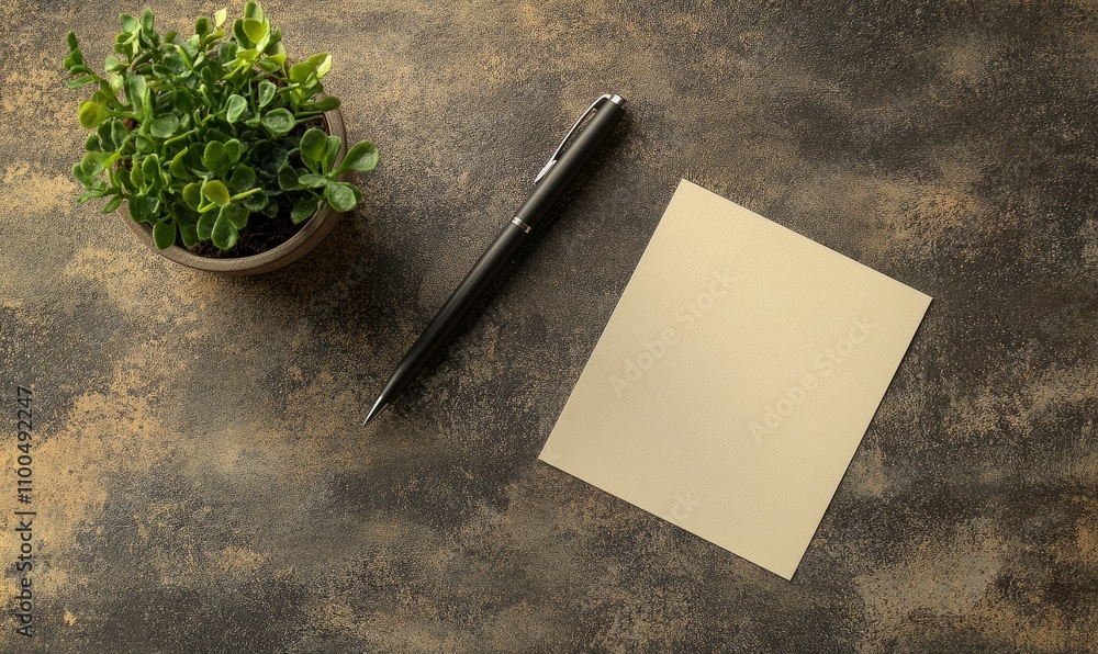 Poster a blank card and a pen placed on a textured surface next to a small potted plant, creating a minimal