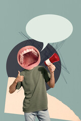Vertical photo collage of anonym man instead head mouth scream megaphone strike agitation bubble...