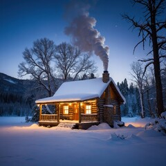 A cozy wooden cabin in a winter forest, with smoke rising from the chimney, evoking a warm and inviting atmosphere amidst the cold, snowy landscape