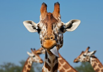 Obraz premium A close-up of a giraffe's head and neck, showcasing its unique brown patchwork pattern, large expressive eyes, and defined ossicones, set against a clear sky
