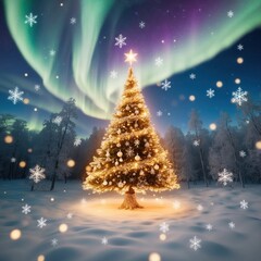 Obraz premium A surreal Christmas scene with a glowing, massive Christmas tree surrounded by the enchanting northern lights, creating a magical winter atmosphere