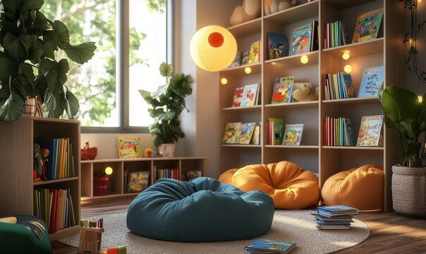 A cozy reading corner in a classroom with bean bags a bookshelf full of storybooks and soft lighting promoting a love for learning and reading