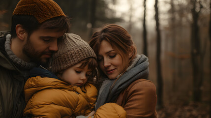 Fototapeta premium Cozy family moment in a serene autumn forest.