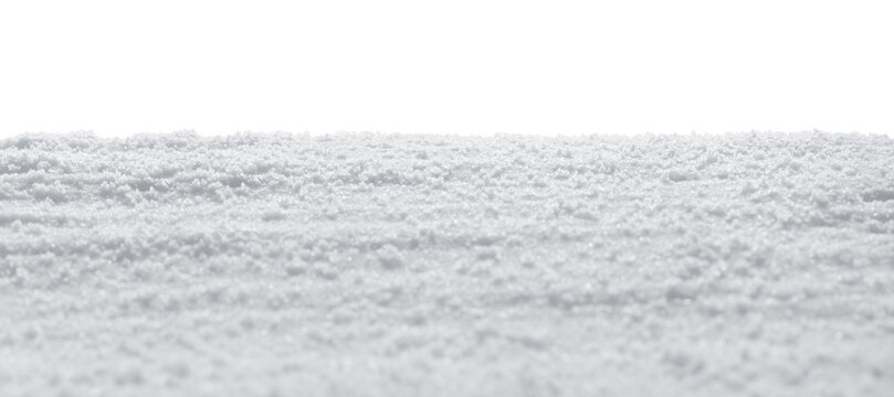 Real plain white snow sparkling in winter sunlight. Flat snow drift with transparent background.