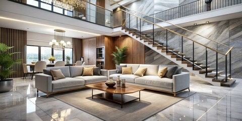 Fototapeta premium Modern Living Room Interior Design with Glass Staircase, Luxury Living, Interior Design, Modern Home , Home Decor