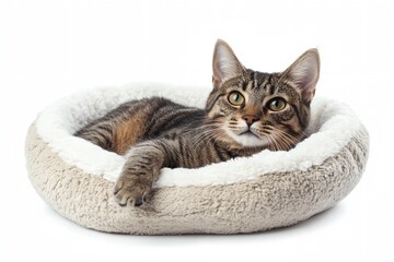 A cat is laying in a bed with a white blanket. The cat is looking at the camera