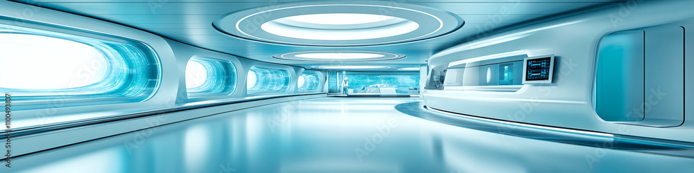 Poster a futuristic, empty hallway with glowing blue lights and modern design. concept of advanced technolo