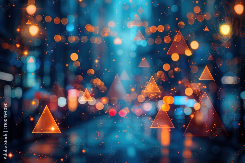 Wall mural Abstract bokeh background with glowing orange triangles and blurred city lights at night.