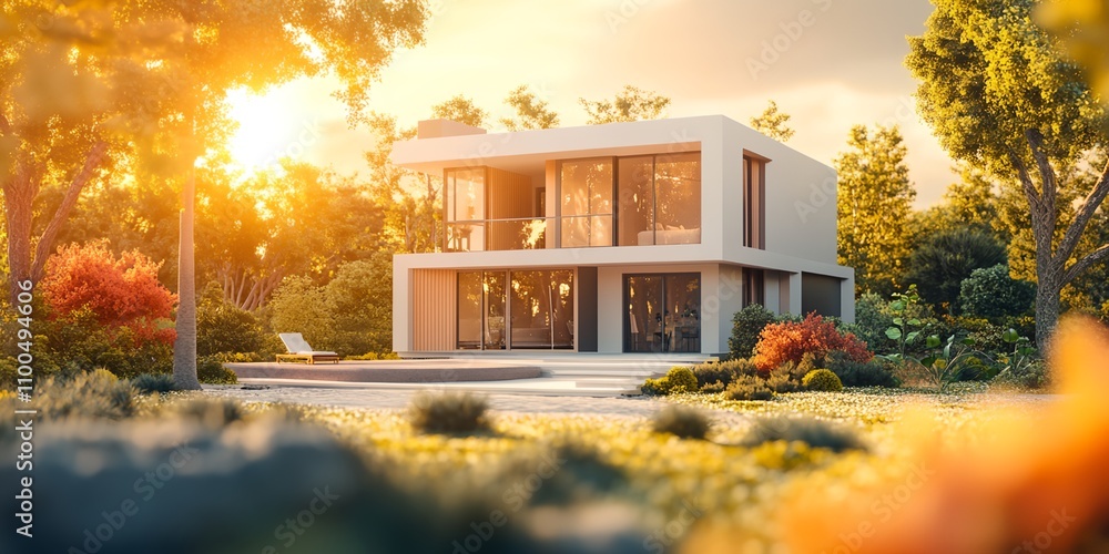 Poster a large white house with a pool and a garden in front of it. the house is surrounded by trees and bu