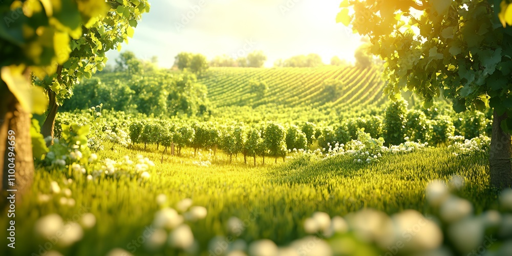 Poster a lush green field with a few trees and a few grape vines. the sun is shining brightly, creating a w