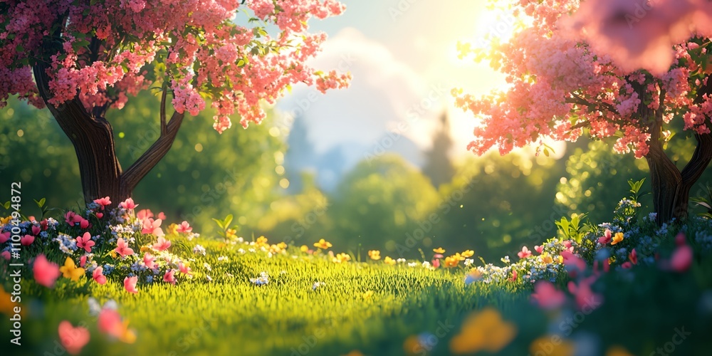 Poster a beautiful scene of a lush green field with two trees and a mountain in the background. the trees a