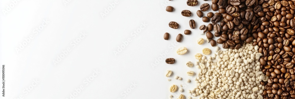 Aufkleber various kinds of coffee beans are spread across a clean white surface, offering blank space for crea