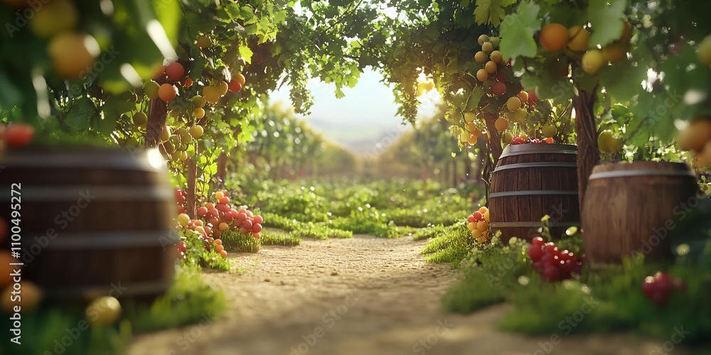 Poster a scene of a vineyard with a path leading through it. the path is lined with barrels and trees, and 