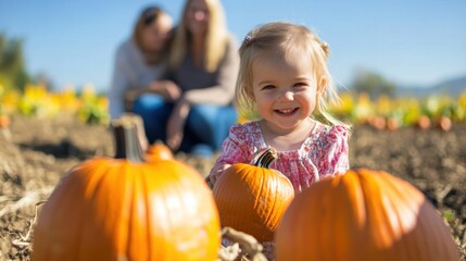 Fototapeta premium Small child playing in pumpkin field in farm in Fall