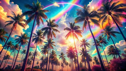 Palm Trees and a Rainbow Sunset, Tropical, Sunset, Palm Trees, Rainbow