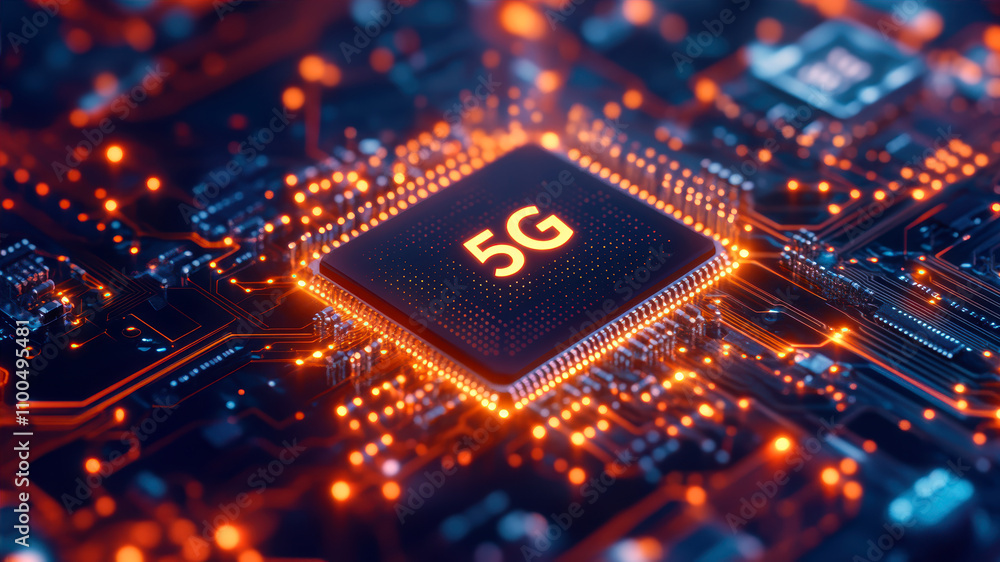 Poster closeup view of a modern chip on a circuit board highlighting advanced technology and connectivity p