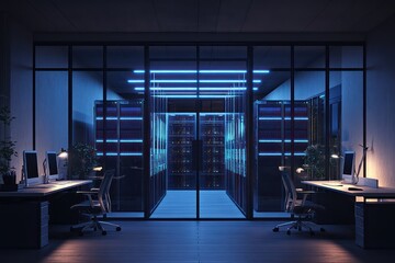 Sleek IT office with a high-tech server room visible through glass walls, modern desk setups, and ambient blue lighting.