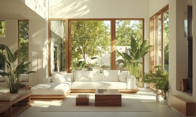 A bright, modern living room featuring a white sofa, wooden accents, indoor plants, and large windows that provide natural light.
