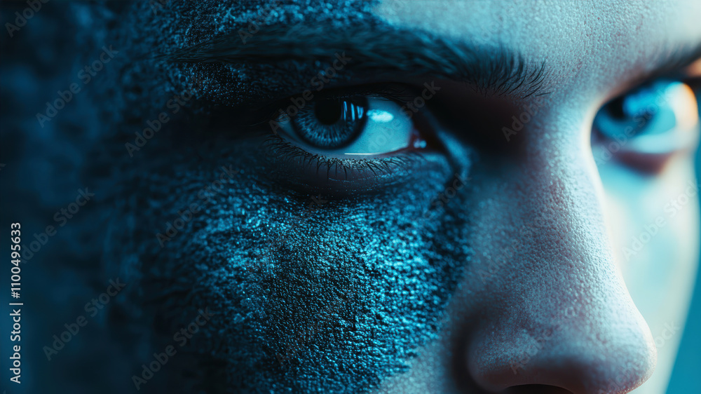 Poster stylized humanoid face merges human with imaginative elements in an otherworldly exploration of iden