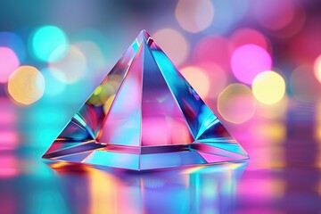 A vibrant iridescent glass pyramid sits on a reflective surface bathed in colorful bokeh lights.