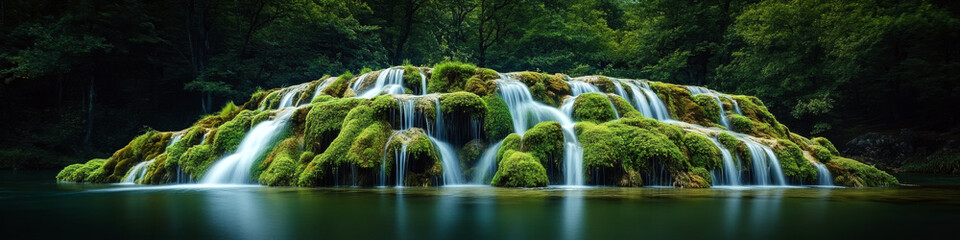 Obraz premium Lush green moss-covered rocks with cascading waterfalls in a forest setting. Concept of nature's beauty and tranquility. For nature photography and relaxation content.