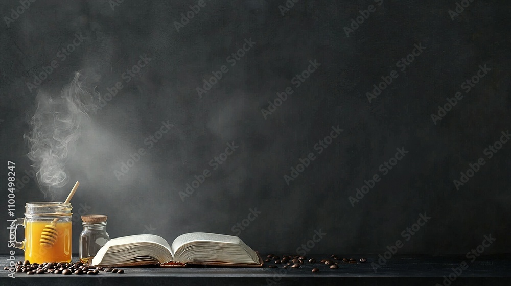 Poster an open book rests atop a table next to a steaming cup of coffee and another open book