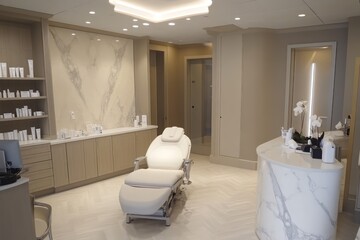 Upscale dermatology office with advanced skincare technology, elegant treatment rooms, and a relaxing reception area.