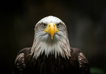 Obraz premium A close-up portrait of a majestic eagle, with sharp focus on its intense gaze, vibrant yellow beak, and rich plumage, set against a dark, blurred background that emphasizes its regal and powerful