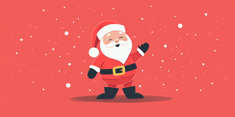Fototapeta premium Cute cartoon welcoming Santa Claus Christmas character with arm pointing up to the sky, vector illustration with snowflakes and ornaments on red background.