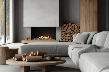 Modern Scandinavian living room interior with fireplace and wooden logs coffee table near gray fabric sofa. Cozy ambiance. Natural light. Wood paneling. Interior design illustration.