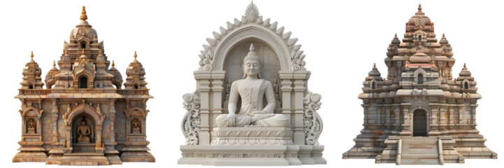 Monumental Jain temple structures with serene Buddha statues in central sanctums isolated on a white background