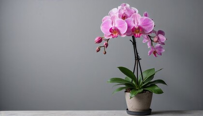 Naklejka premium A blooming orchid in a pot on a gray background, an elegant flower arrangement