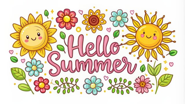 Smiling Sun and Floral Hello Summer Greeting, cartoon, illustration, summer, flowers, sun - Powered by Adobe