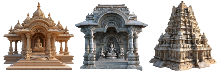 Ornate hindu temple with intricate carvings, domes, and statues isolated on a white background, png