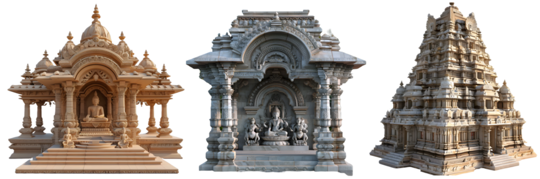 Ornate hindu temple with intricate carvings, domes, and statues isolated on a white background, png