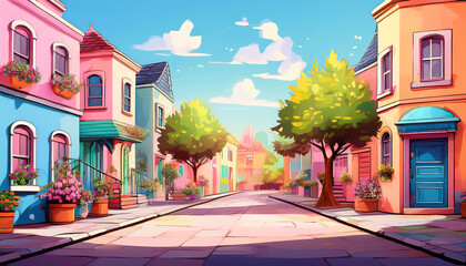 Fototapeta premium A lively cartoon street scene featuring pastel-colored houses, colorful rooftops, and charming windows, with cobblestone paths and streetlamps creating a whimsical and playful atmosphere. 