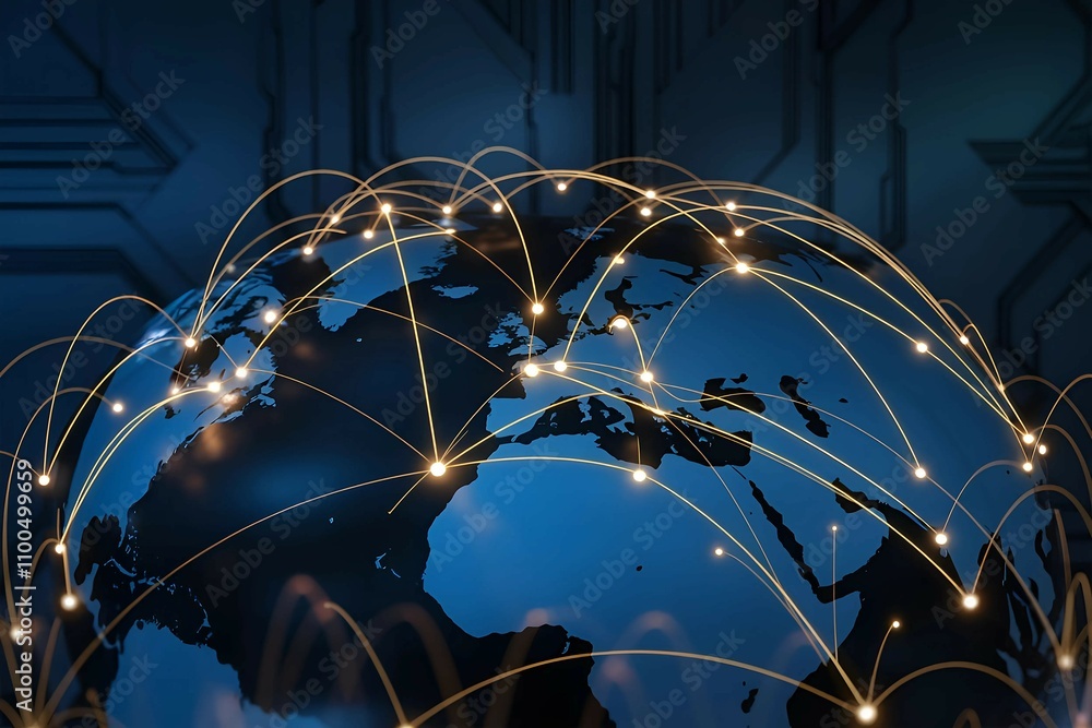 Poster digital world map with glowing network connections, representing global communication, technology, a