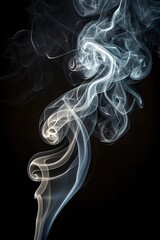 Swirling patterns of white smoke against a dark background, with wispy tendrils of smoke intertwining and moving gracefully. The smoke's fluid motion contrasts with the deep black backdrop