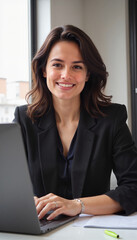 Smiling businesswoman working on laptop in modern office
