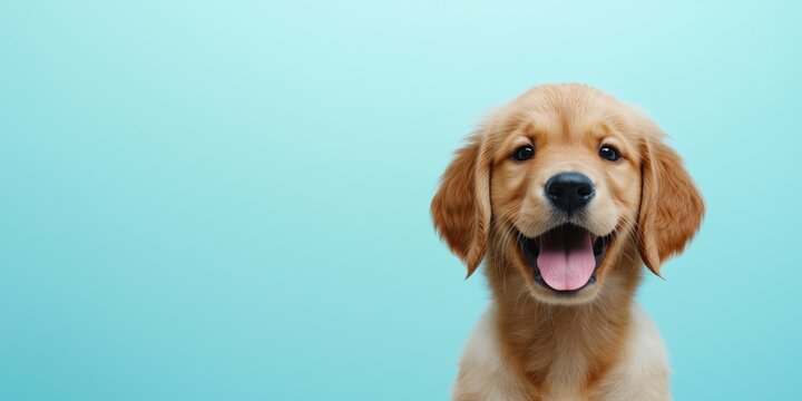 Cute golden retriever puppy with happy expression looks at camera on light blue background. Adorable pet portrait. Perfect image for pet shops social media posts. Ideal for websites marketing