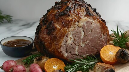 Szynka, pieczona, glazurowana, mięso, świąteczne danie, elegancja, rozmaryn, karmel, kulinarny artyzm, food photography, tradycyjne danie, święta, światło boczne, apetyczne mięso, tekstura, złociste, 