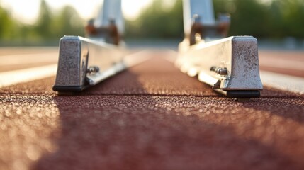 A close-up of a running track’s starting block with focus on the pedal texture and adjustment details, outdoor setting with bright daylight, Clean style